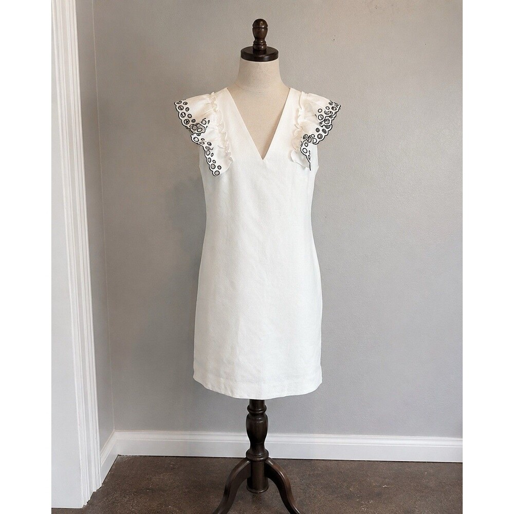 J.Crew Collection Linen Blend Shift Dress White Embroidered Ruffle Size 10 - Picture 3 of 10